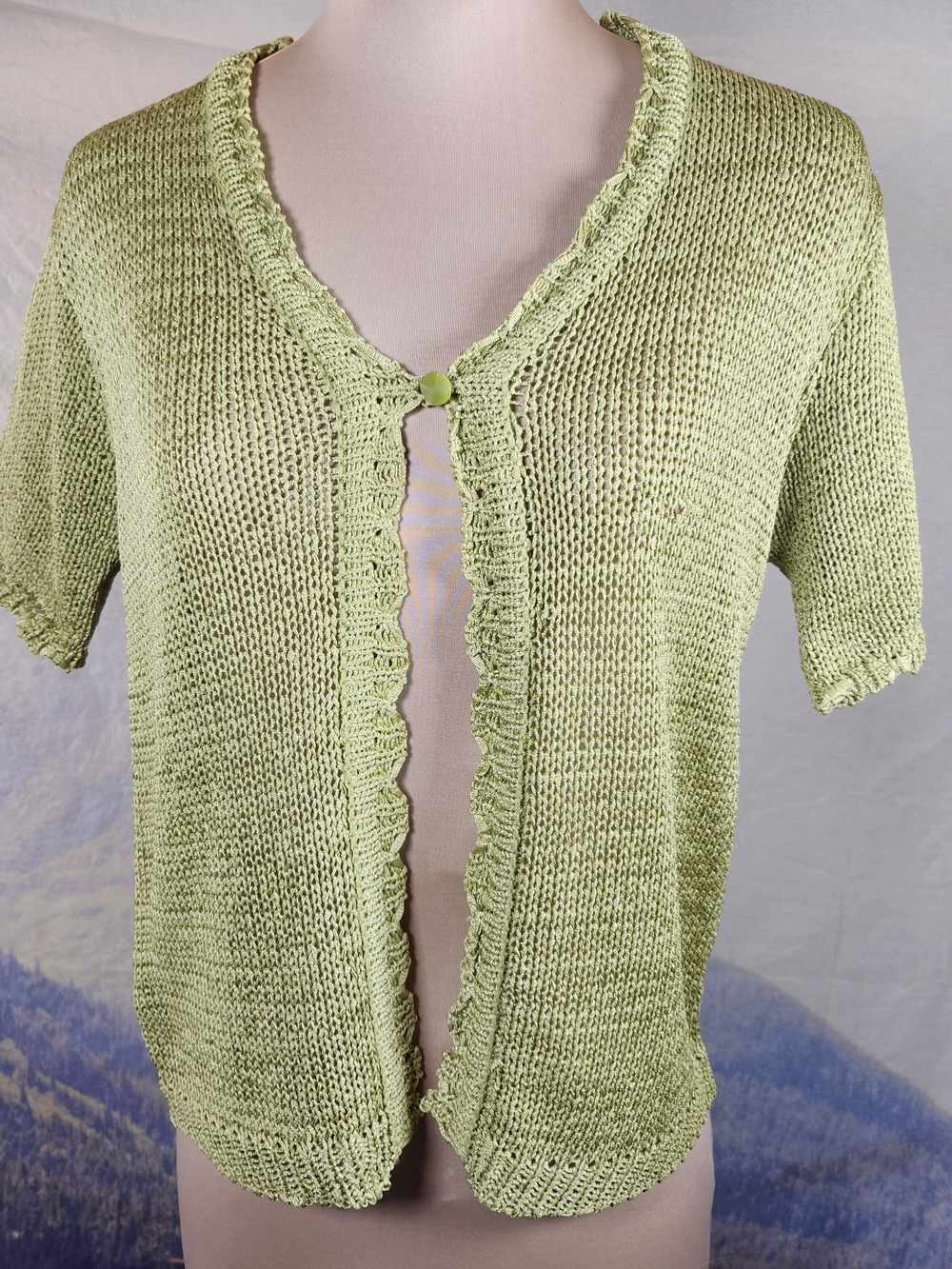 Vintage Light Green Knit Short-Sleeve One Button Cardigan Sweater